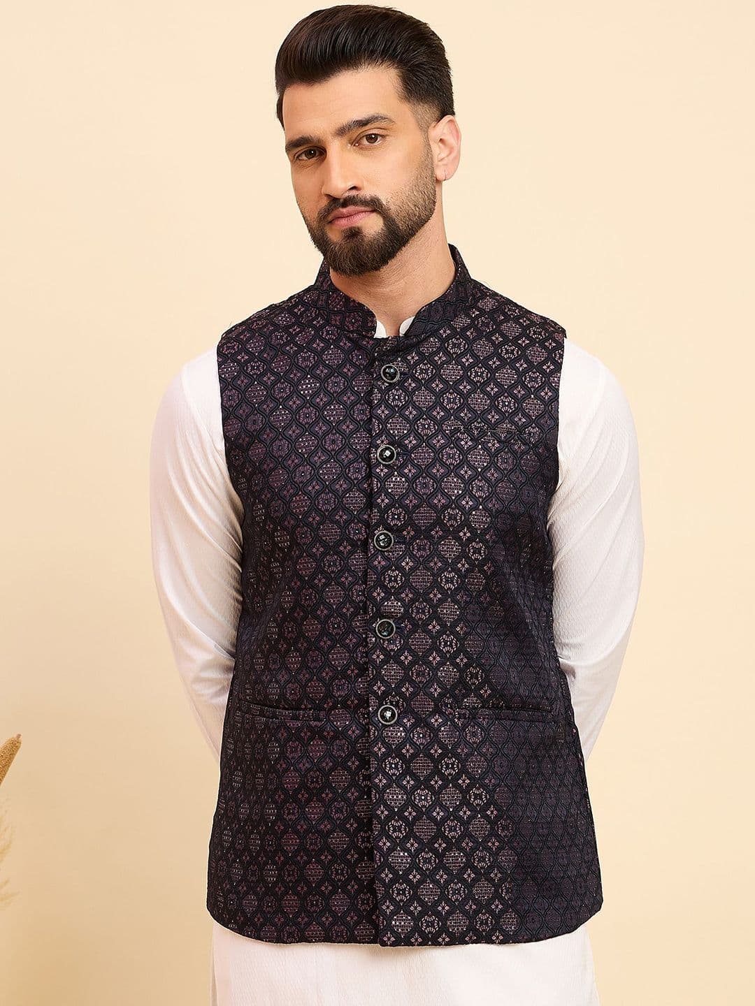 House of Pataudi Men Woven Design Mandarin Collar Nehru Jacket - view 1