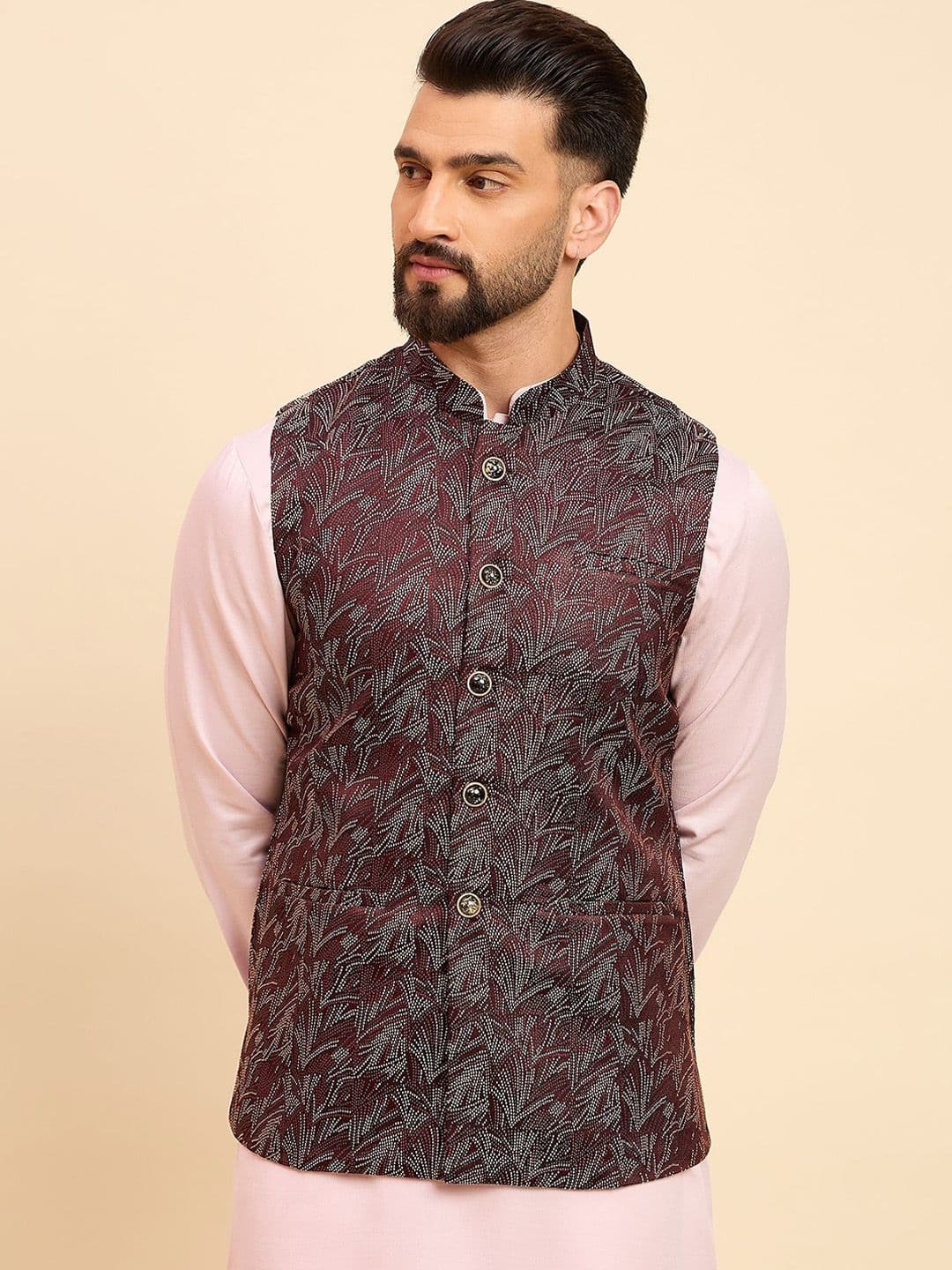 House of Pataudi Woven Design Mandarin Collar Nehru Jacket - view 1