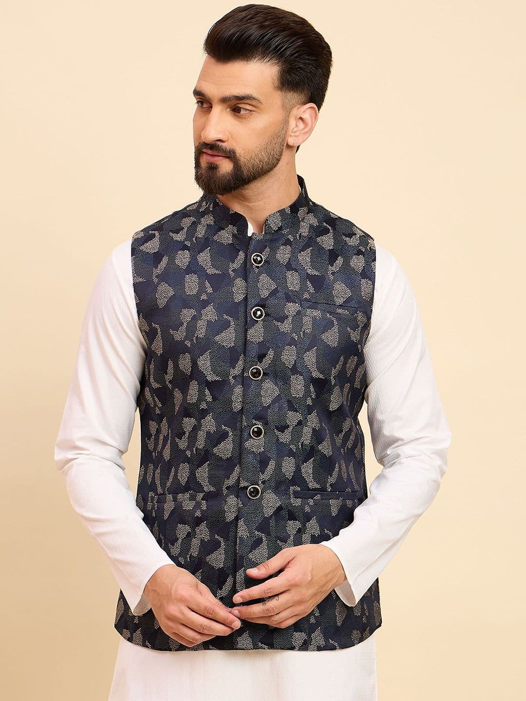 House of Pataudi Woven Design Mandarin Collar Nehru Jacket - view 1