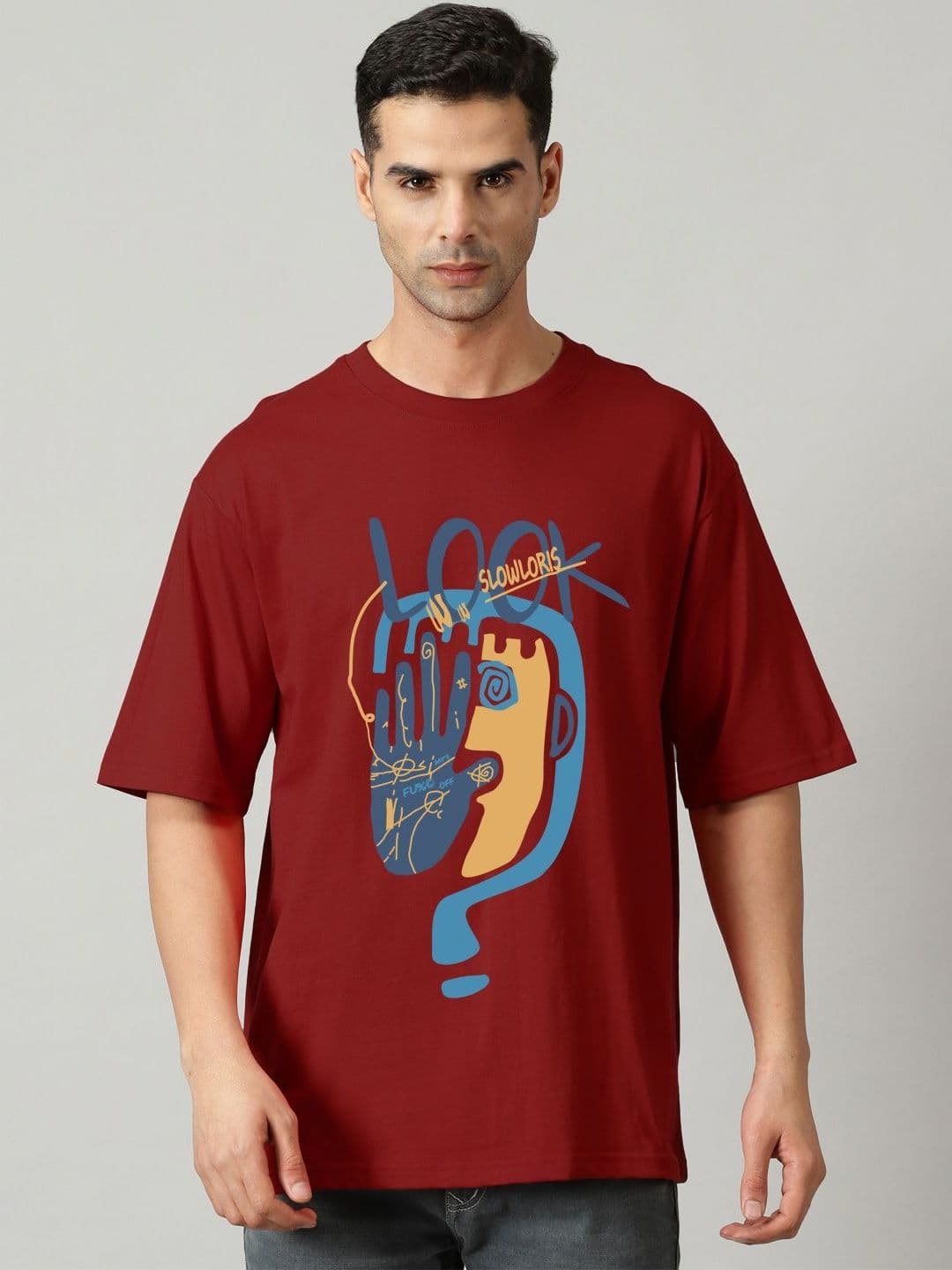 SLOWLORIS Men Graphic Printed Round Neck Oversized T-shirt - view 1