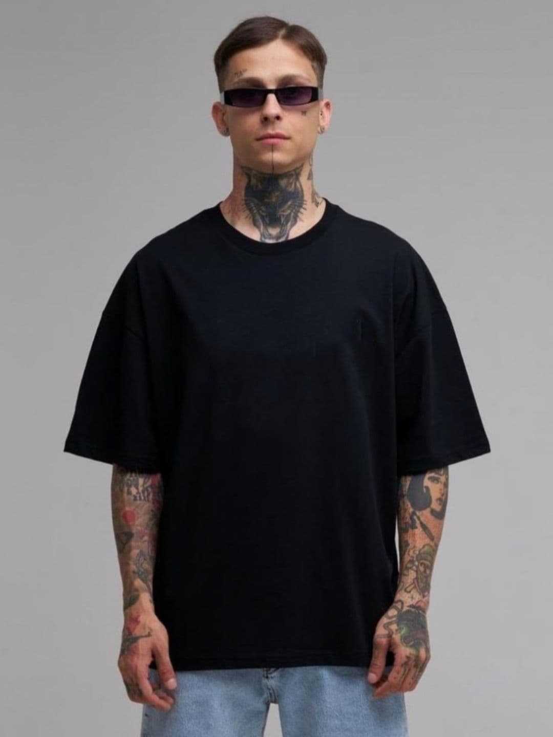 SMAN Men Oversized Black Cotton T-shirt with Drop-Shoulder Sleeves - view 1