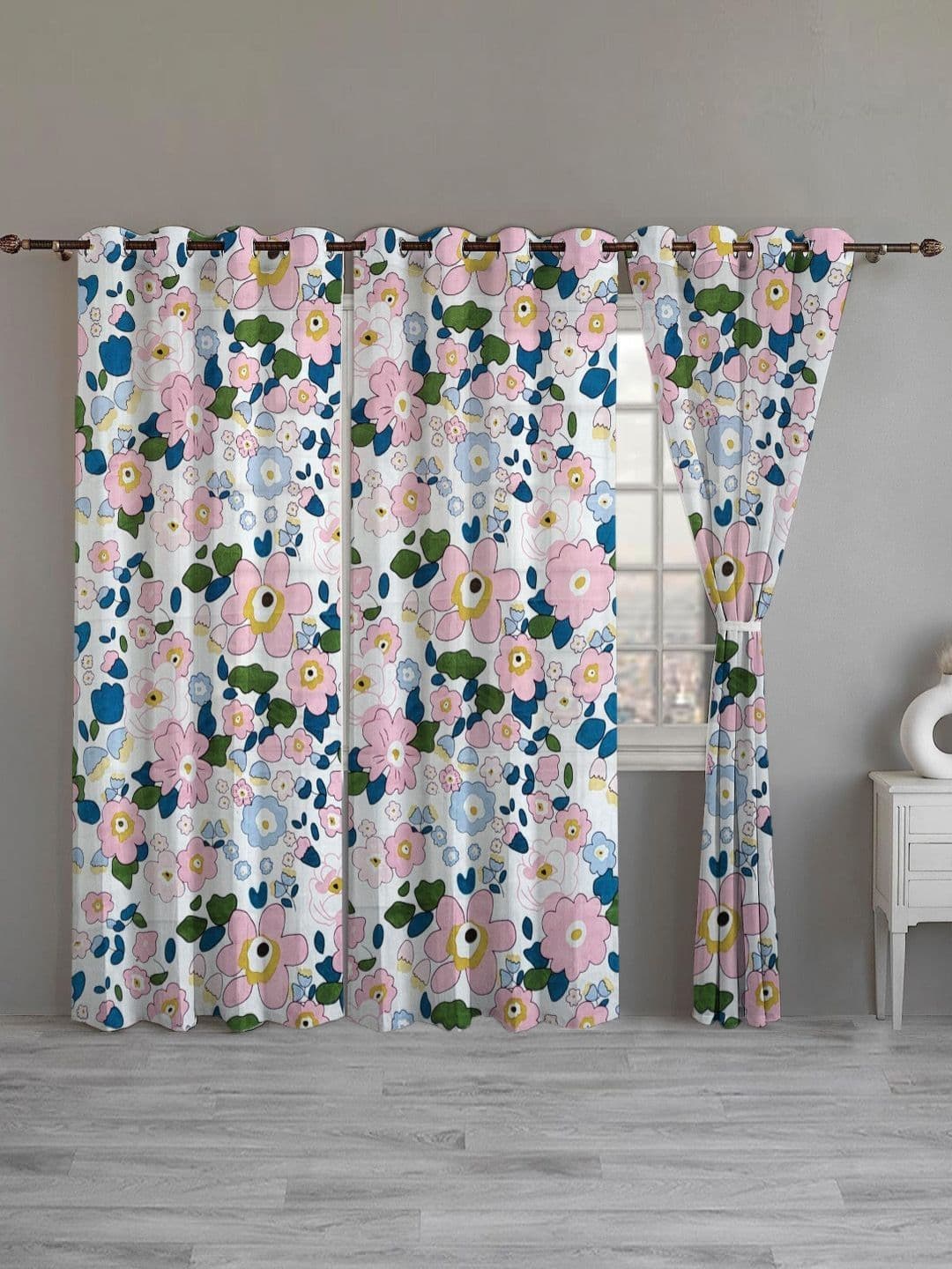 ANA White & Pink Set of 3 Floral Room Darkening Long Door Curtain - view 1