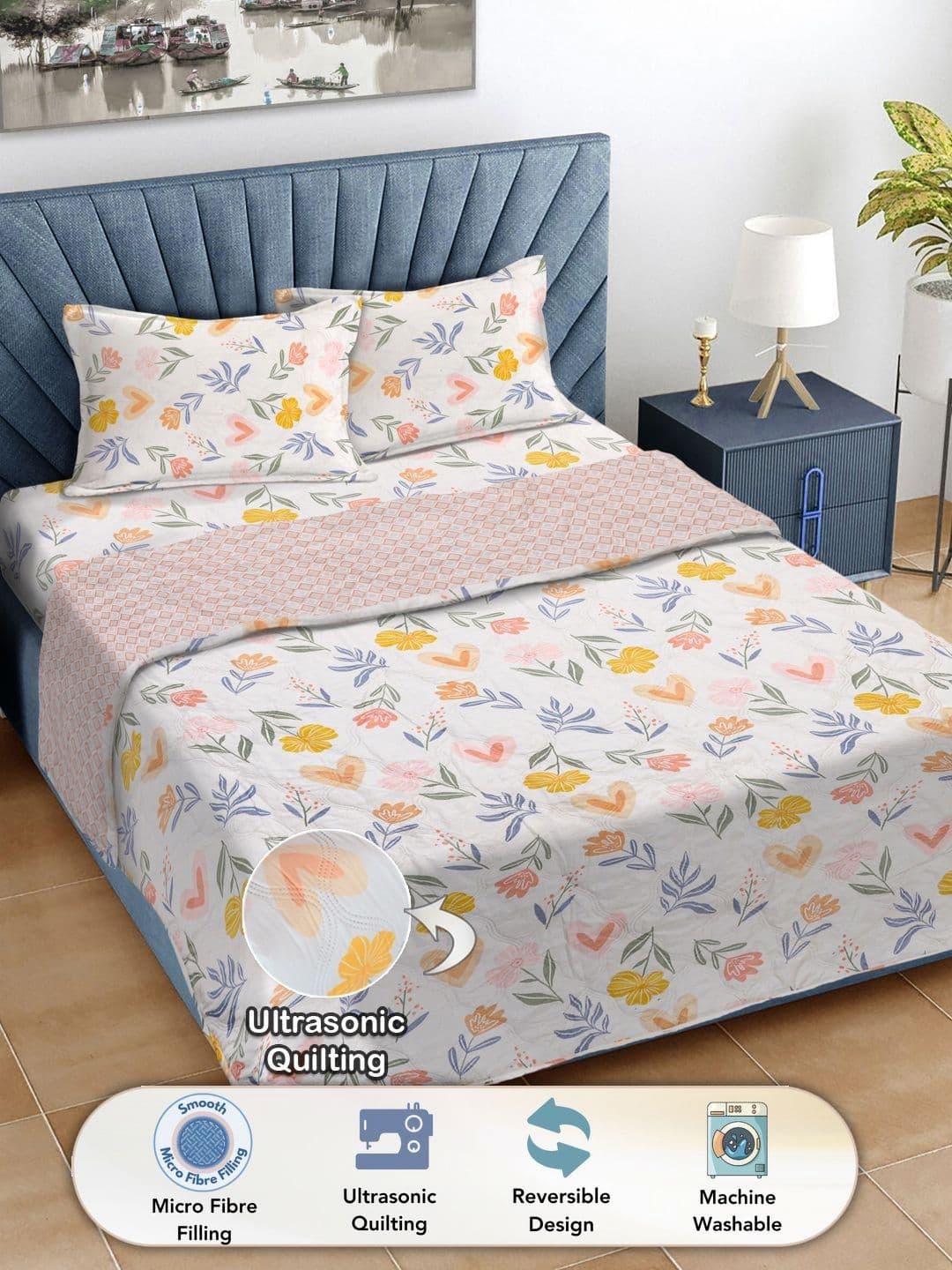 Myntra Elegant Homes White & Orange Floral Printed 350 GSM AC Room Double King Bedding Set - view 1