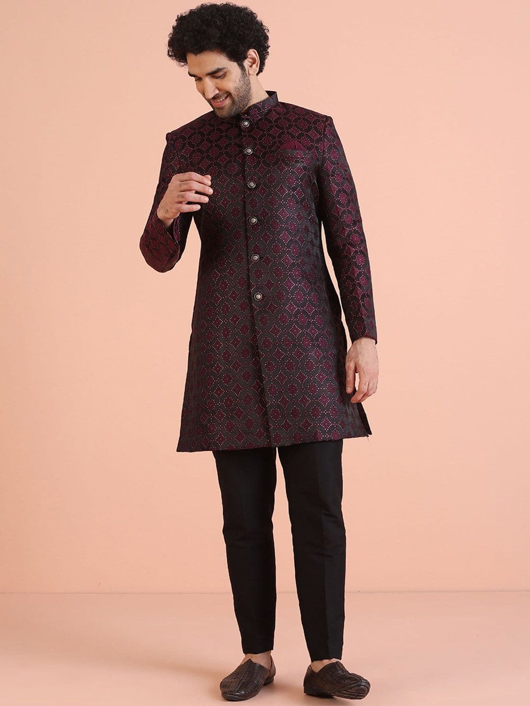 KISAH Woven Design Indowestern Sherwani Trouser Set - view 1