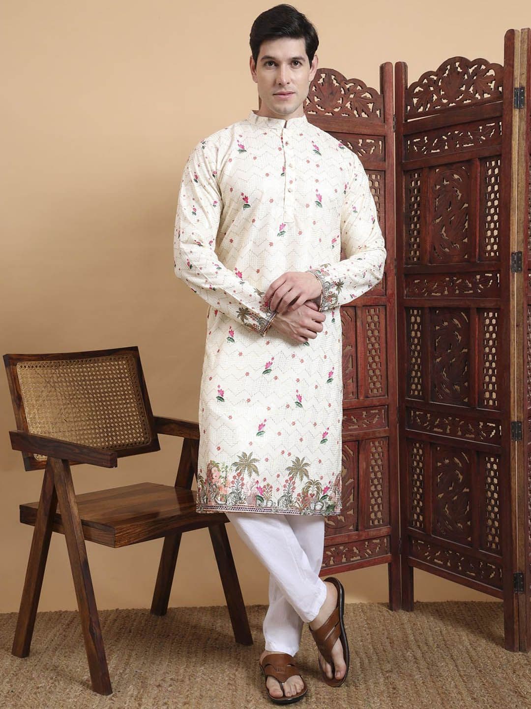House of Pataudi Men Printed & Embroidered Cotton Straight Kurta - view 1