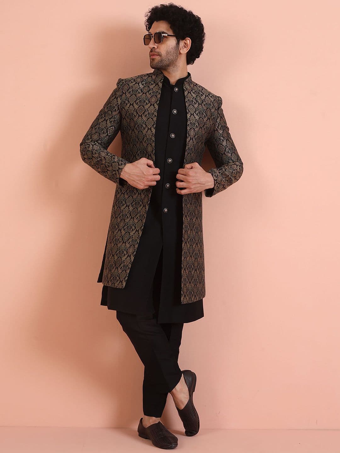 KISAH Jacquard Inner Jacket Indowestern Sherwani Trouser Set - view 1