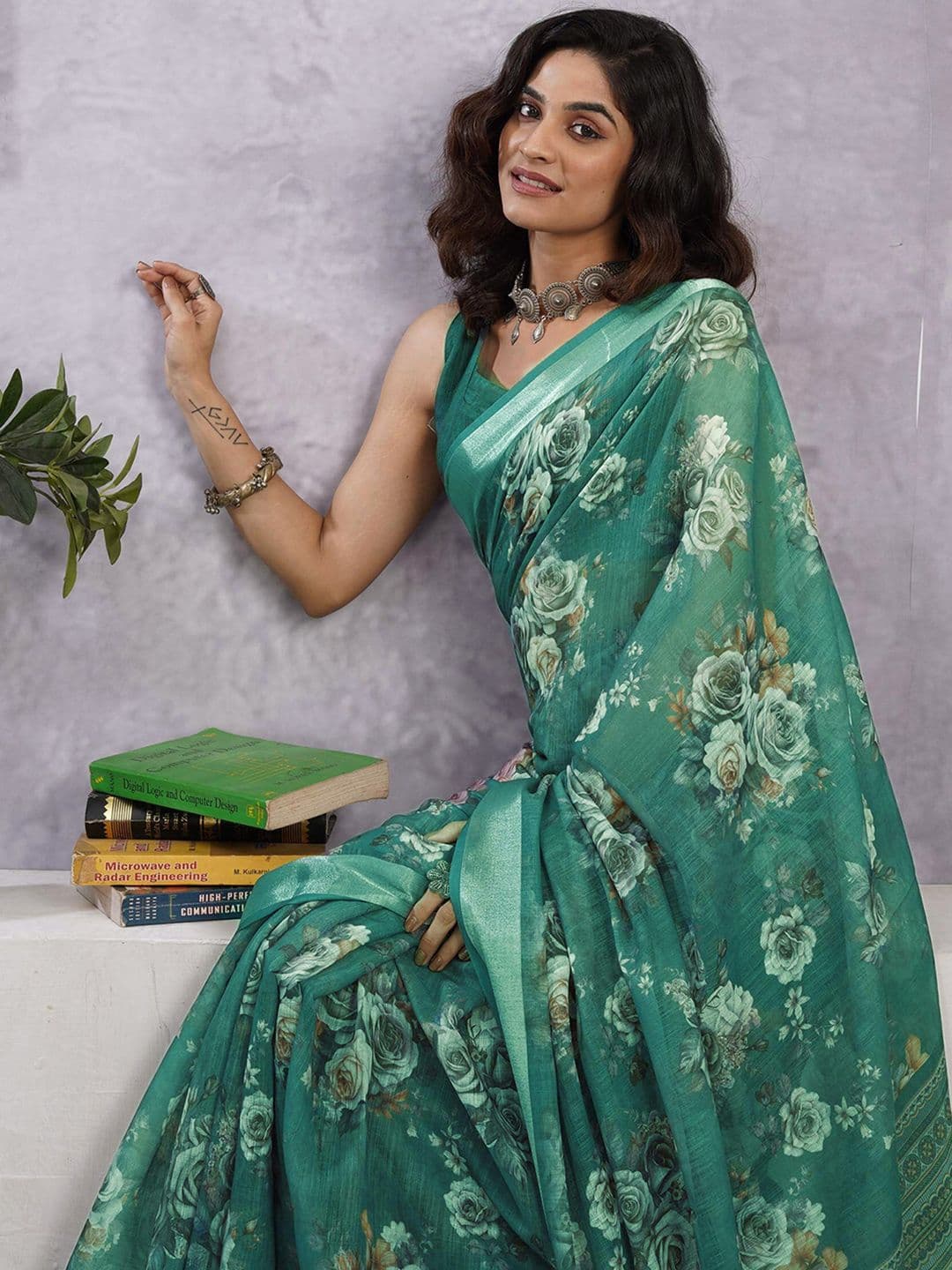 Mitera Floral Printed Zari Saree - view 1