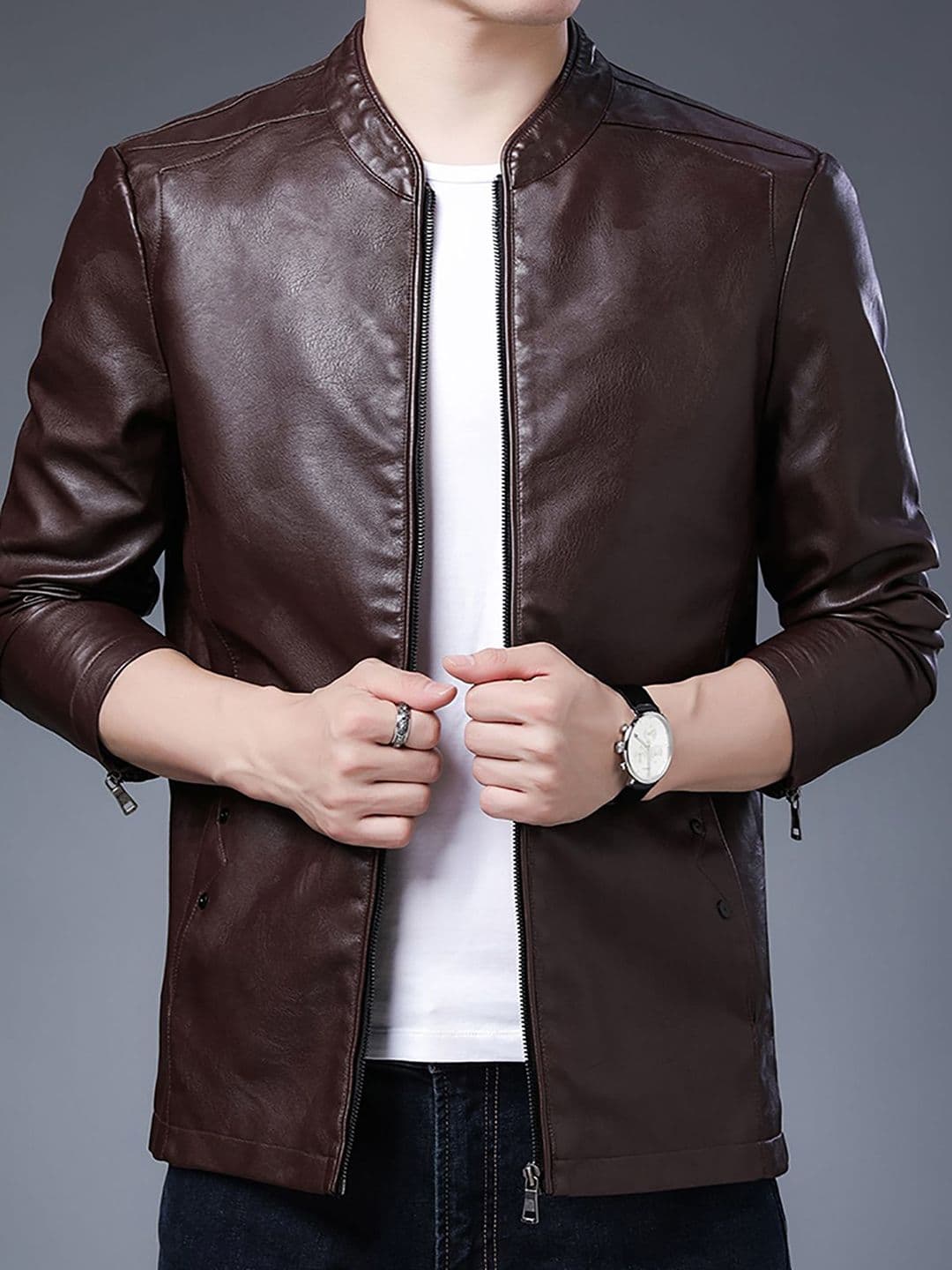 StyleCast x Revolte Men Mandarin Collar Solid PU Casual Windcheater Jacket - view 1