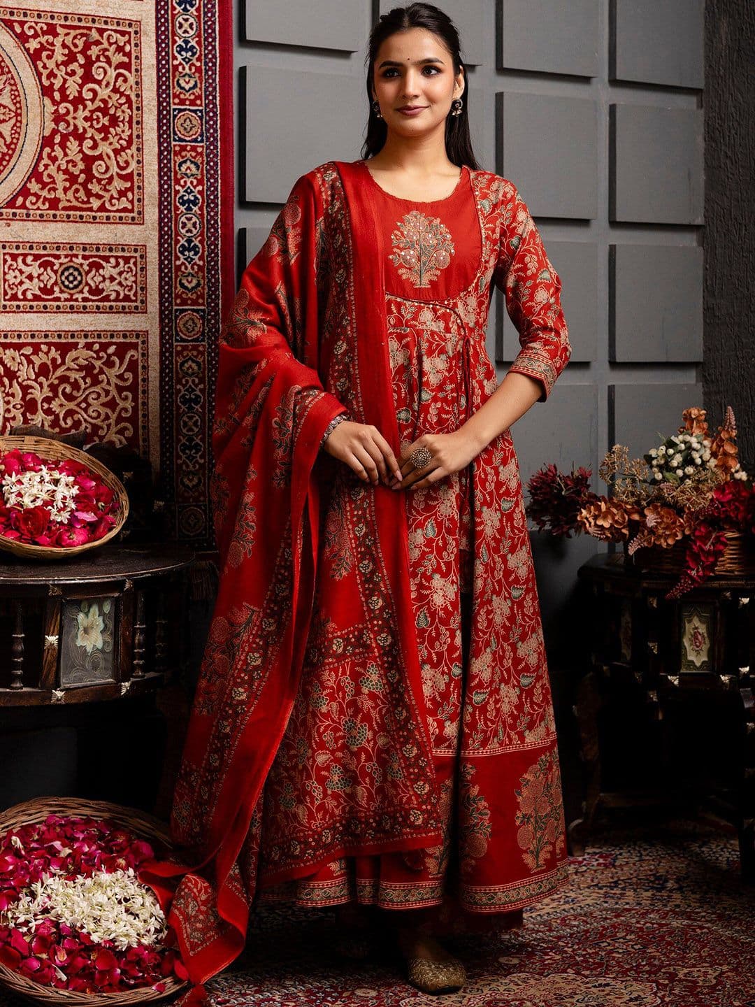 KIMAYRA Women Ethnic Motifs Printed Cotton Anarkali Kurta with Trousers & Dupatta - view 1