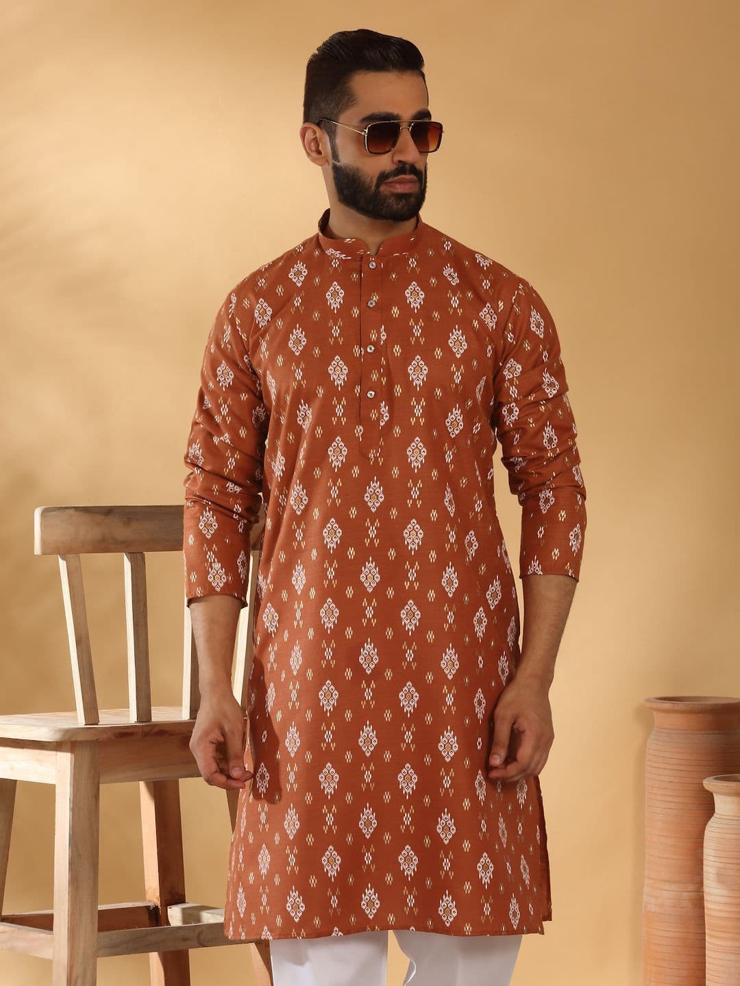 KRAFT INDIA Geometric Printed Mandarin Collar Straight Kurta - view 1
