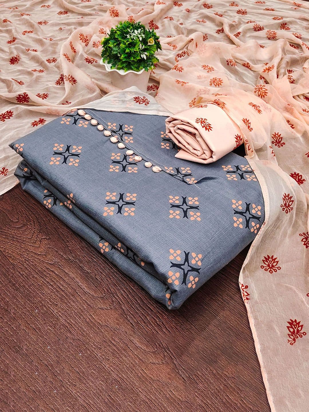 HERE&NOW Ethnic Motifs Printed Slub Cotton Unstitched Dress Material - view 1