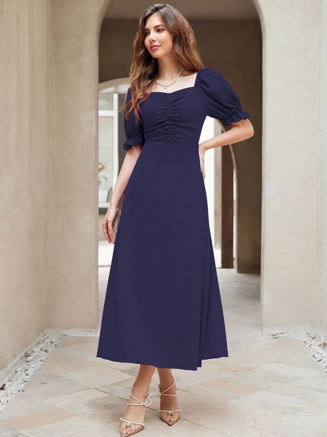 Sugathari Women Puff Sleeve A-Line Midi Dress - view 1