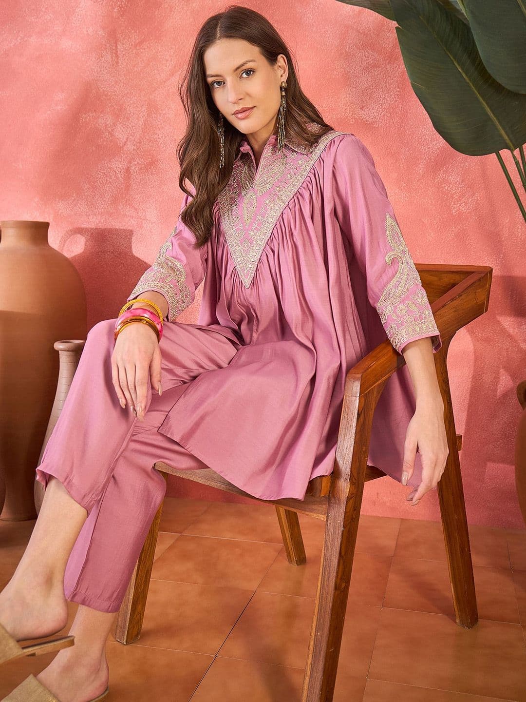 Sangria Embroidered Shirt Collar Tunic & Trousers Co-Ord Set - view 1