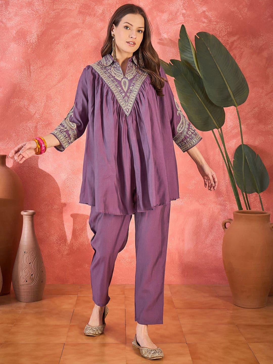 Sangria Floral Embellished Shirt Collar Tunic With Trouser Co-Ords - view 1