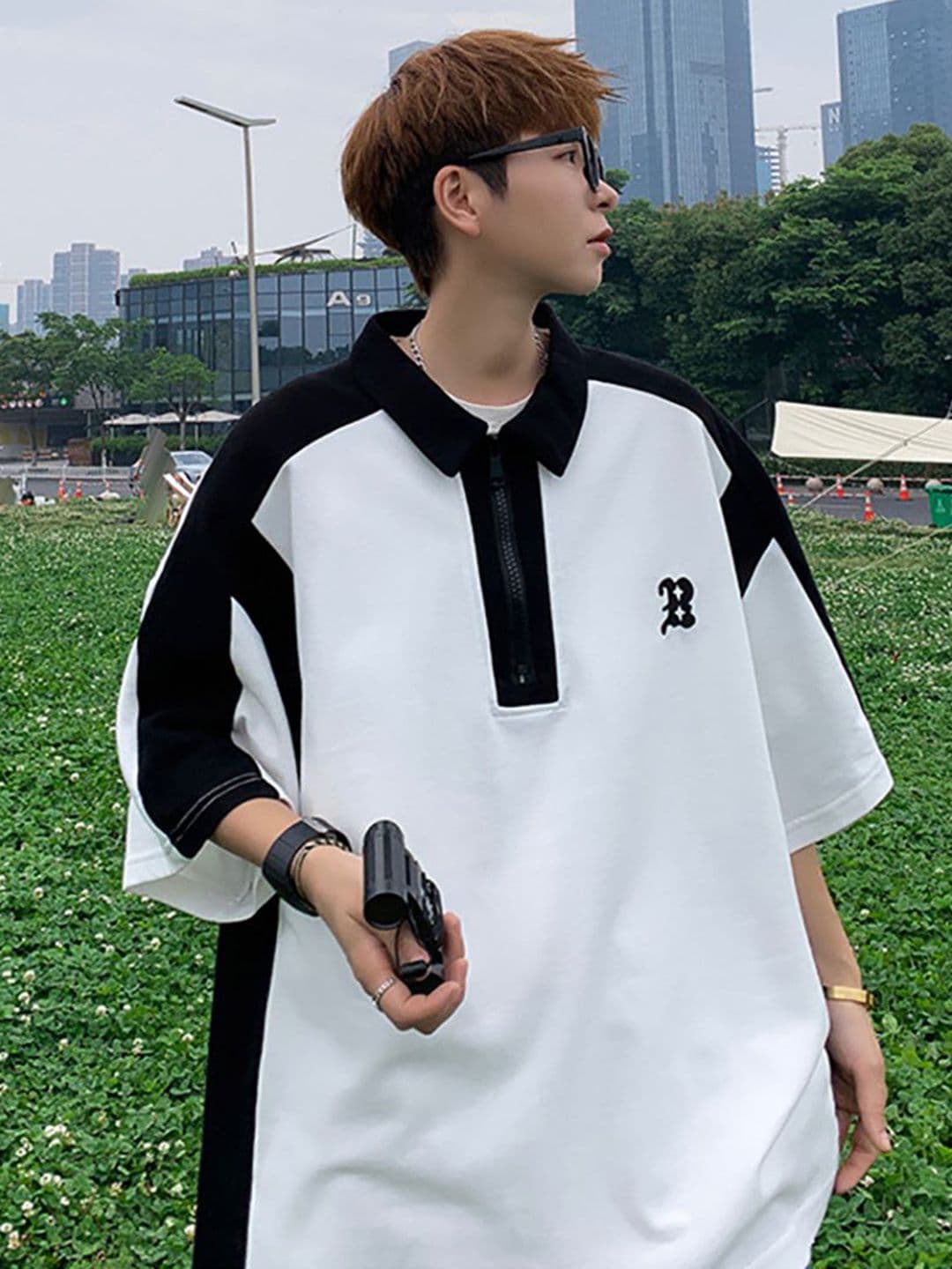 StyleCast x Revolte Men Colourblocked Polo Collar Oversized T-shirt - view 1