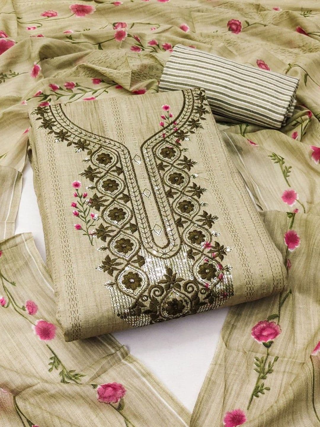 KALINI Floral Printed Thread Work Cotton Unstitched Dress Material - view 1