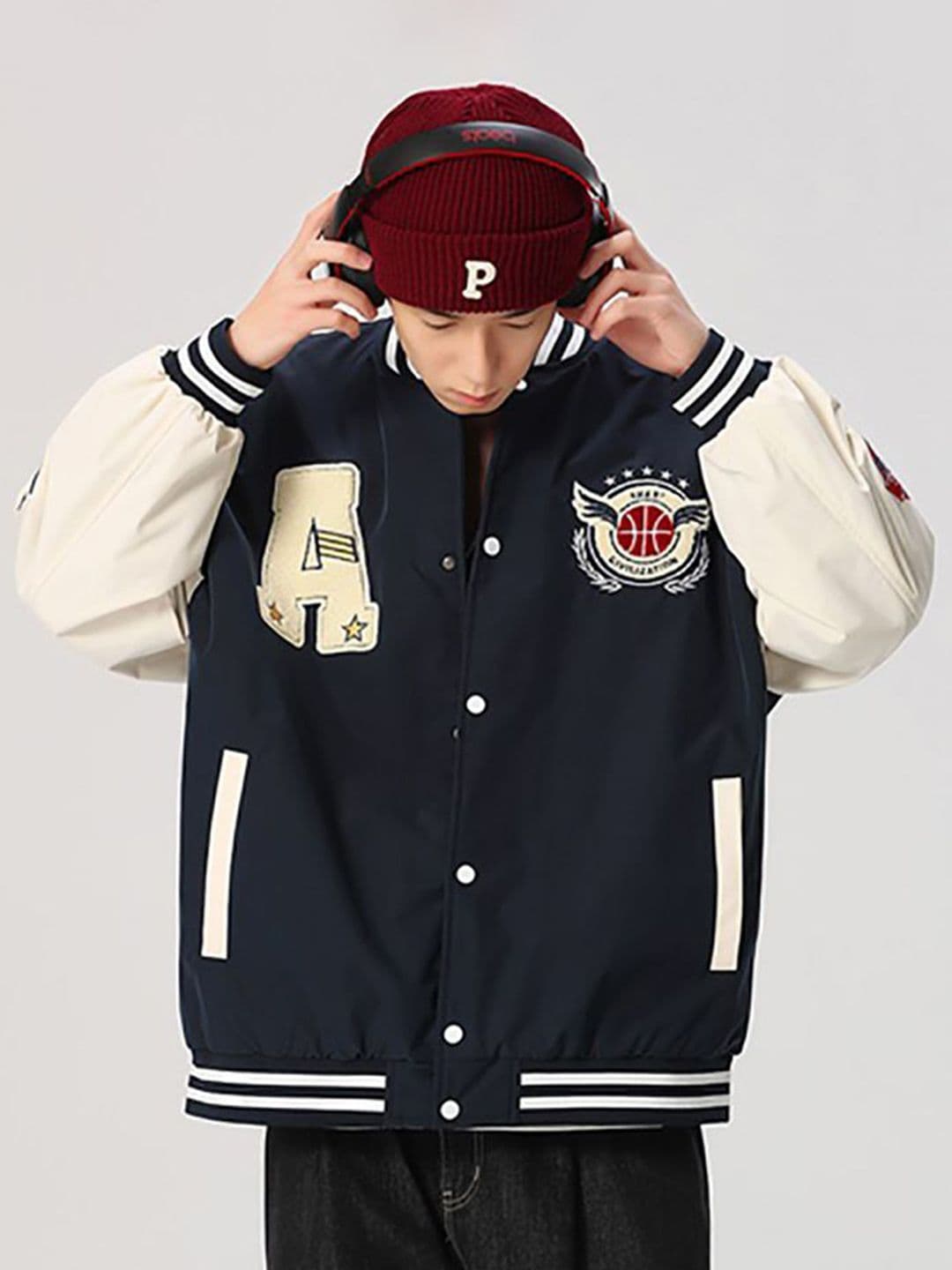 StyleCast x Revolte Men Stand Collar Typography Printed Casual Varsity Jacket - view 1