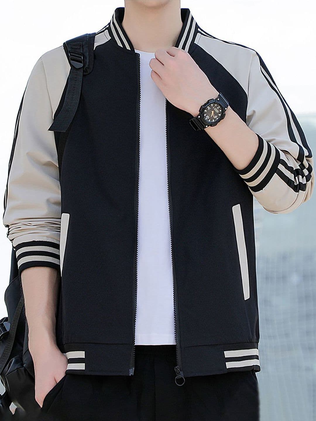 StyleCast x Revolte Men Stand Collar Striped Casual Bomber Jacket - view 1