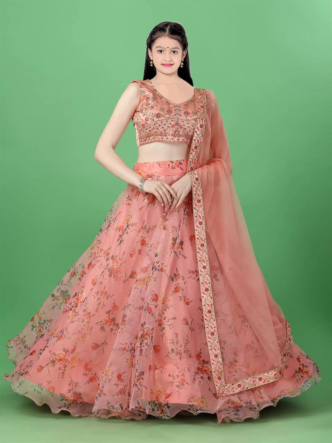 BAESD Girls Floral Printed Semi-Stitched Organza Lehenga & Unstitched Blouse With Dupatta - view 1