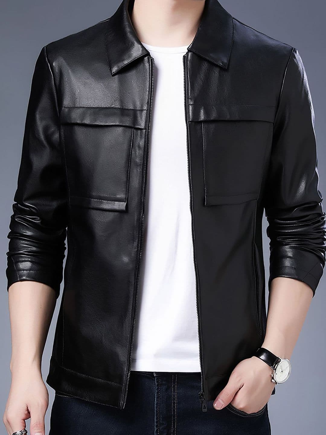 StyleCast x Revolte Men Spread Collar Solid PU Casual Windcheater Jacket - view 1