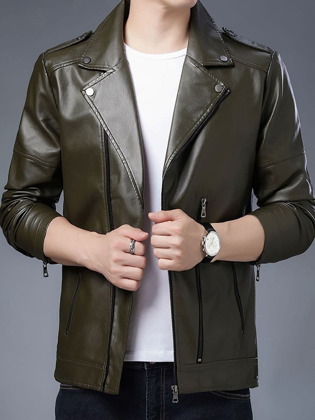 StyleCast x Revolte Men Lapel Collar Solid Casual Leather Jacket - view 1