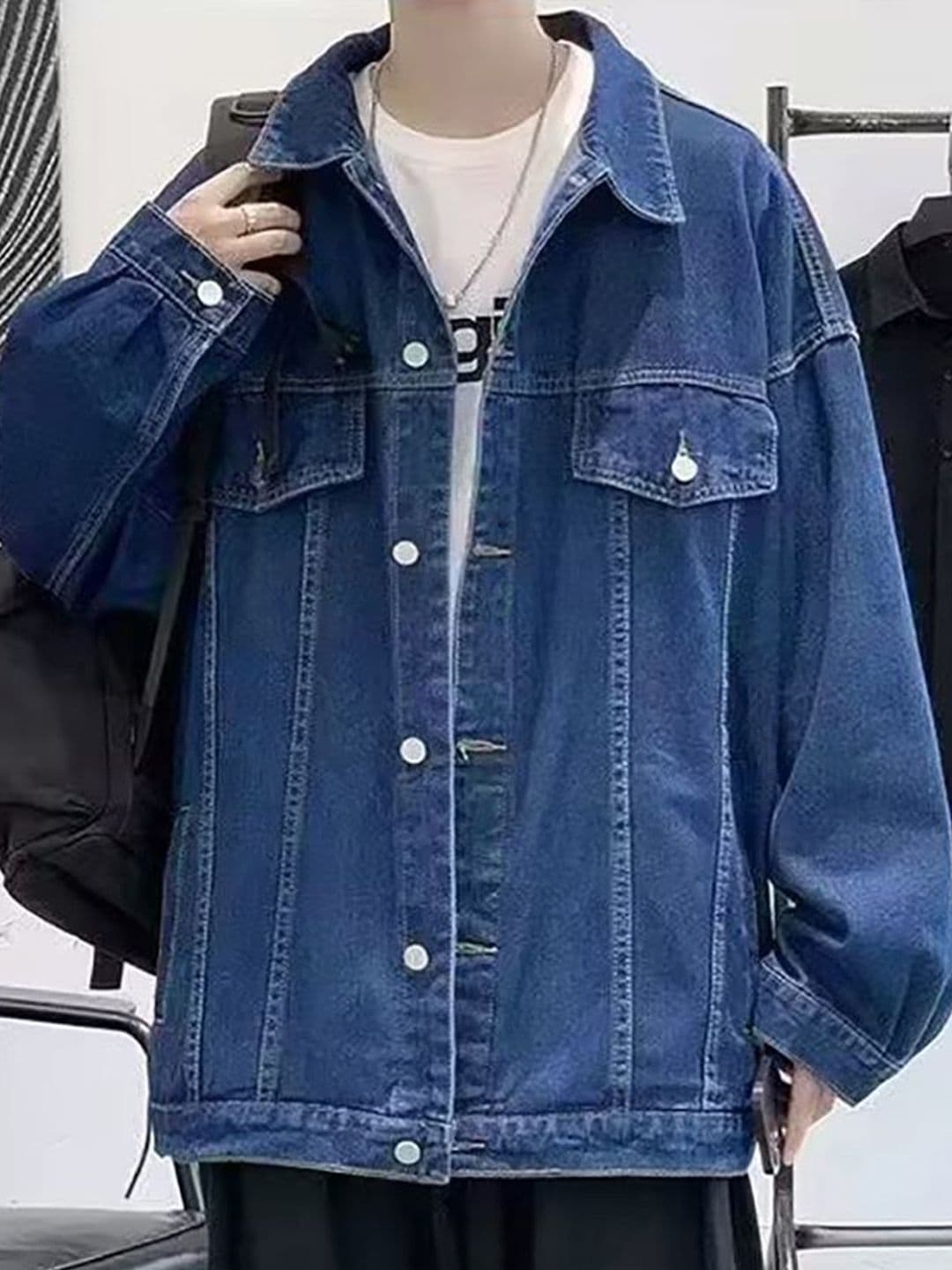 StyleCast x Revolte Men's Navy Blue Solid Denim Jacket with Spread Collar - view 1