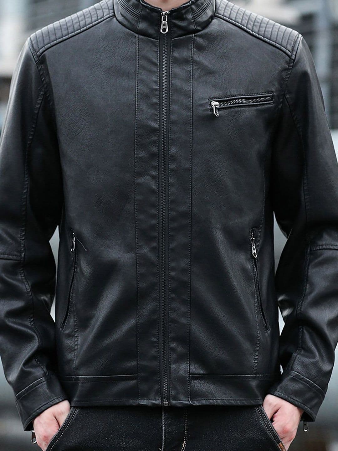StyleCast x Revolte Men Mock Collar Solid Casual Leather Jacket - view 1