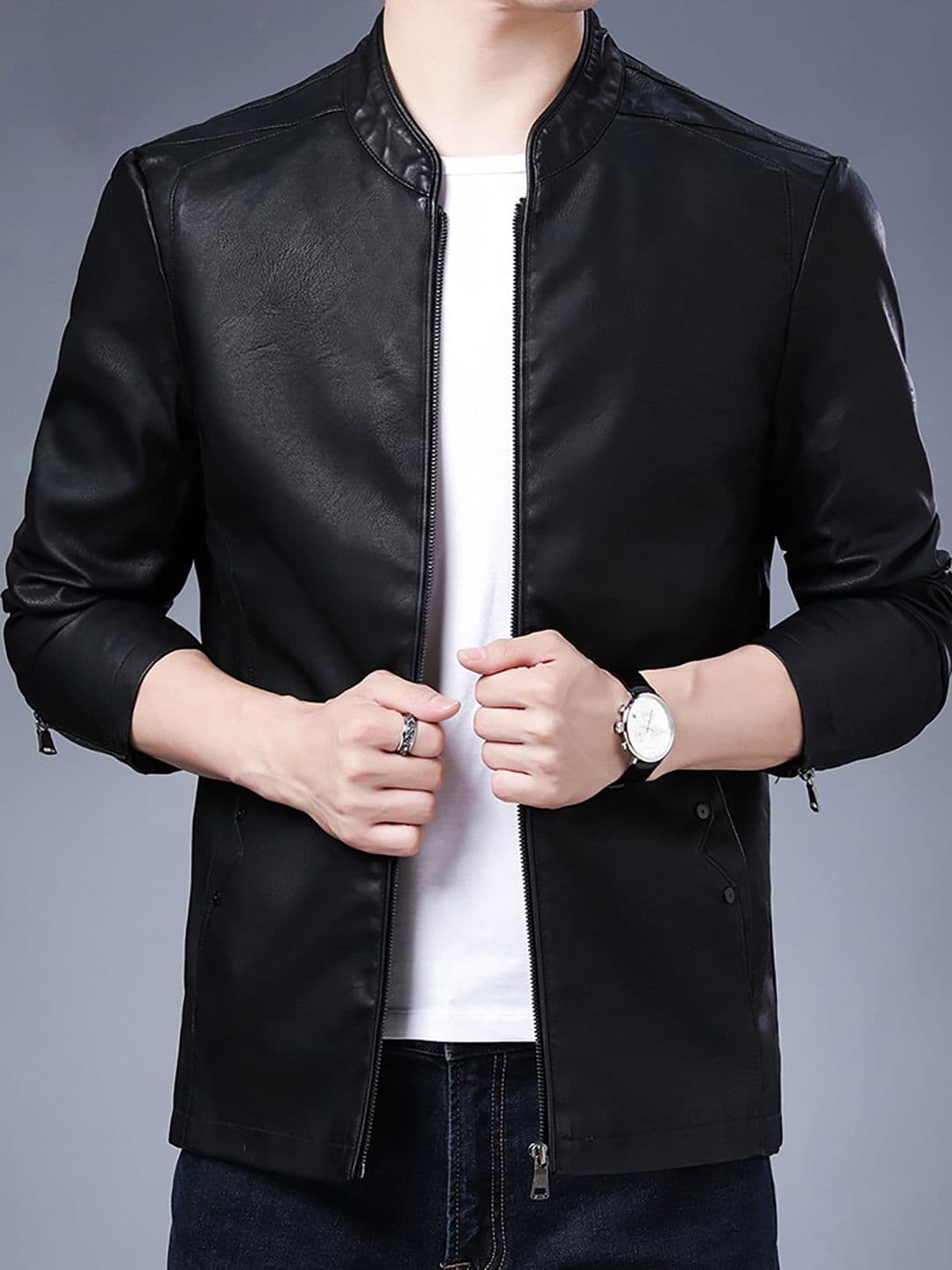StyleCast x Revolte Men Mandarin Collar Solid PU Casual Windcheater Jacket - view 1