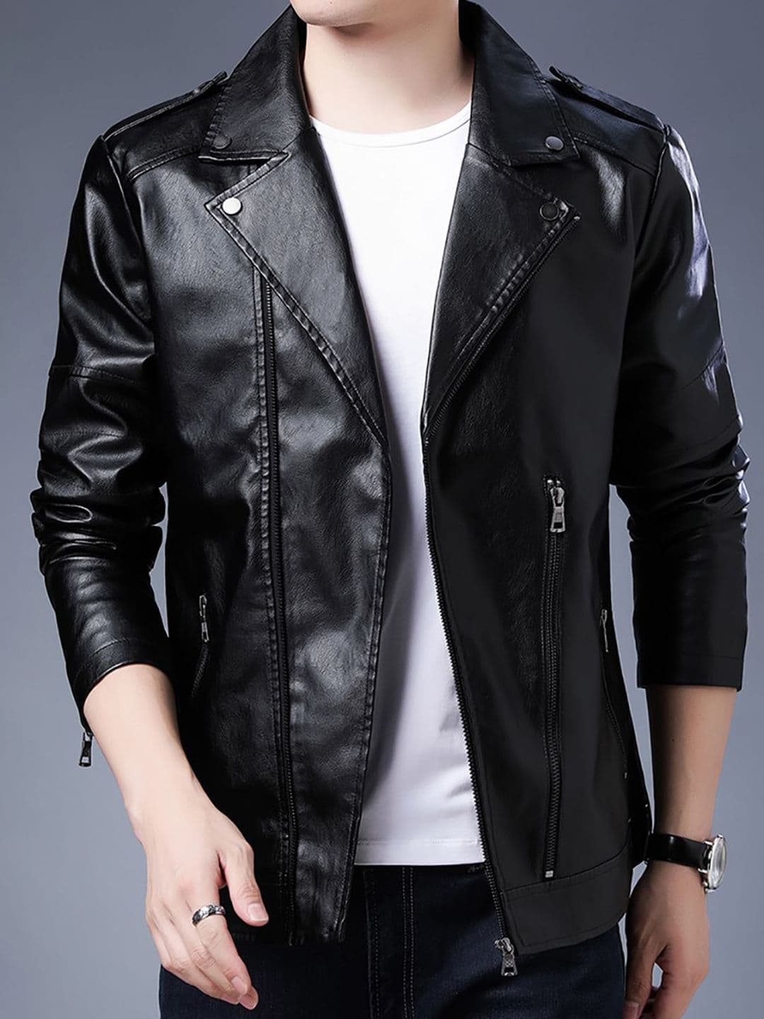 StyleCast x Revolte Men Lapel Collar Solid Casual Leather Jacket - view 1