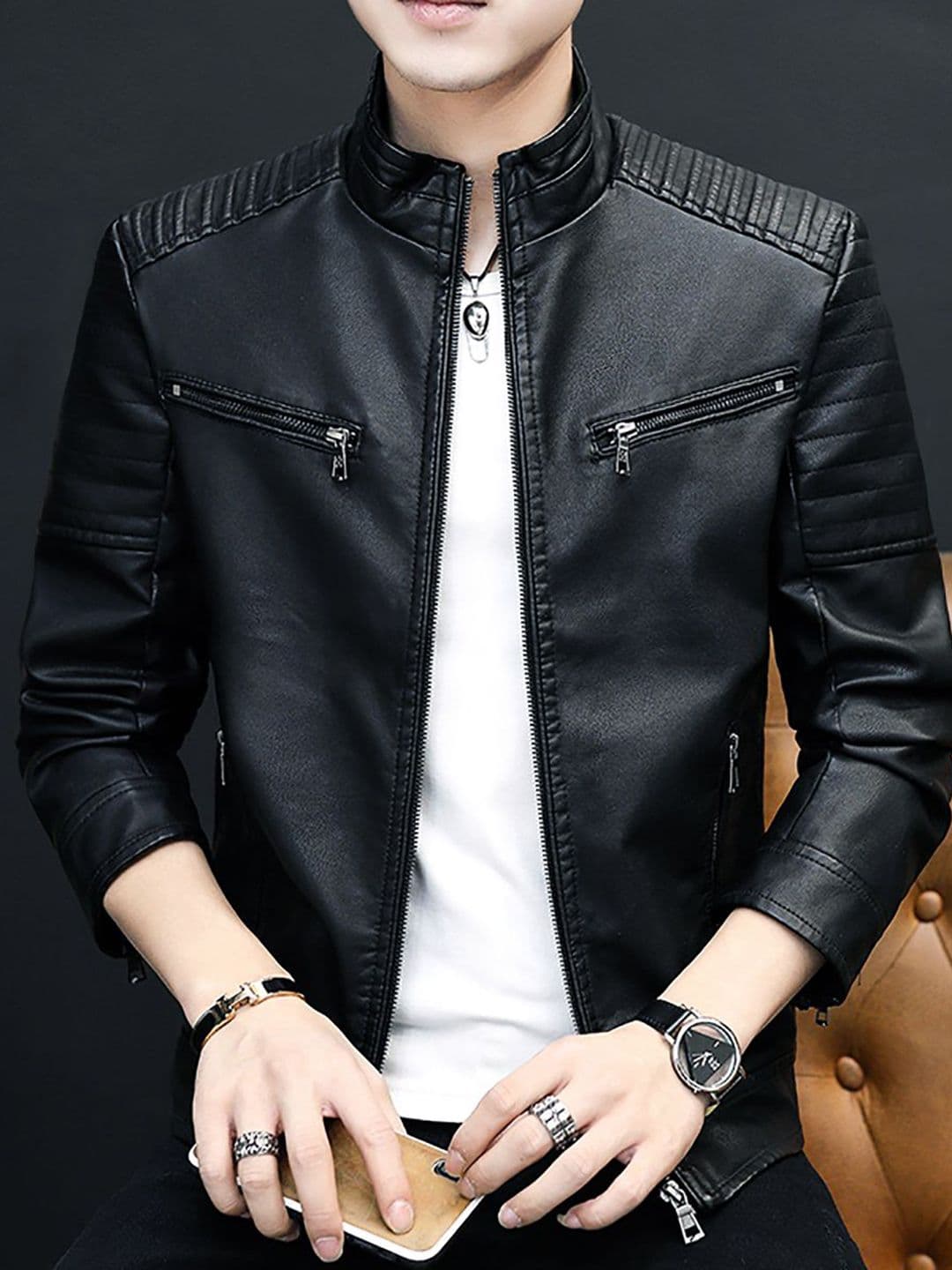 StyleCast x Revolte Men Mock Collar Solid PU Casual Leather Jacket - view 1