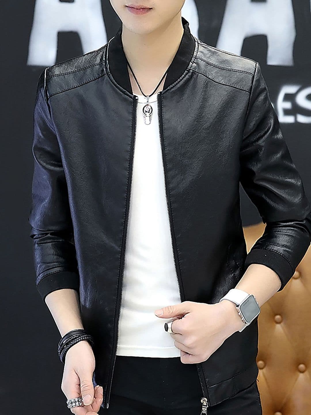 StyleCast x Revolte Men Stand Collar Solid PU Casual Leather Jacket - view 1