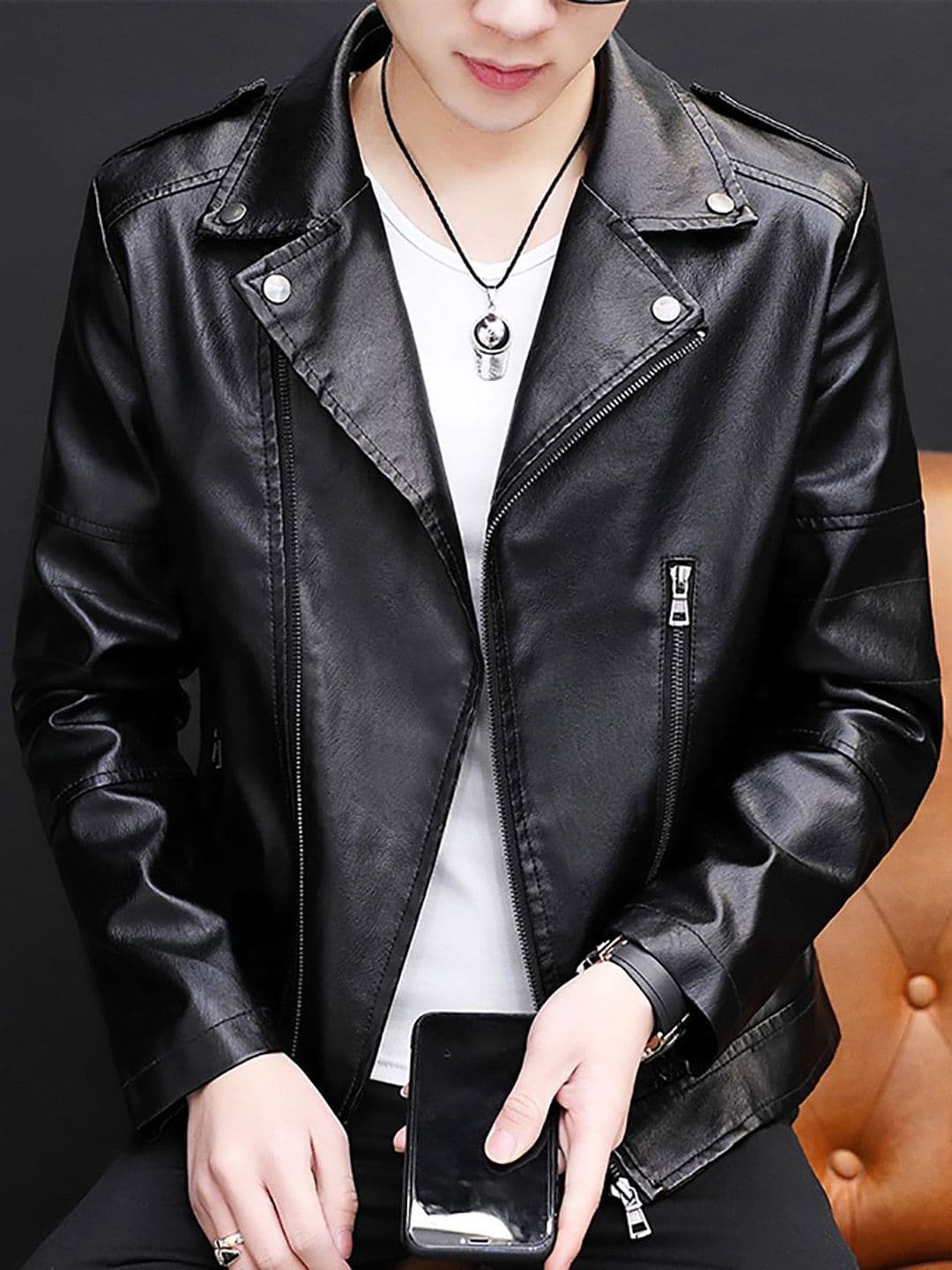 StyleCast x Revolte Men Lapel Collar Solid PU Casual Leather Jacket - view 1