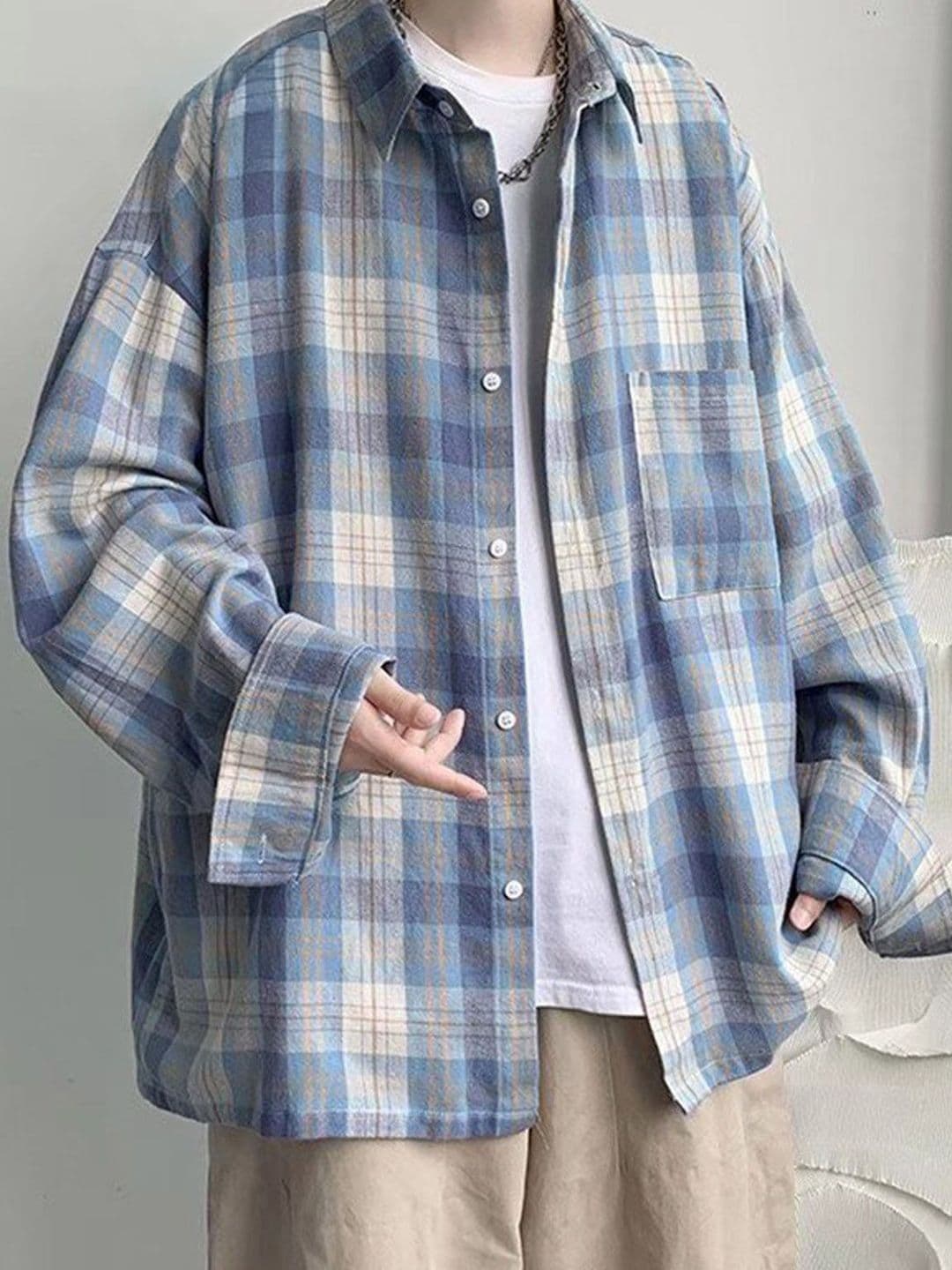 StyleCast Men Spread Collar Tartan Checked Cotton Oversized Casual Shirt - view 1