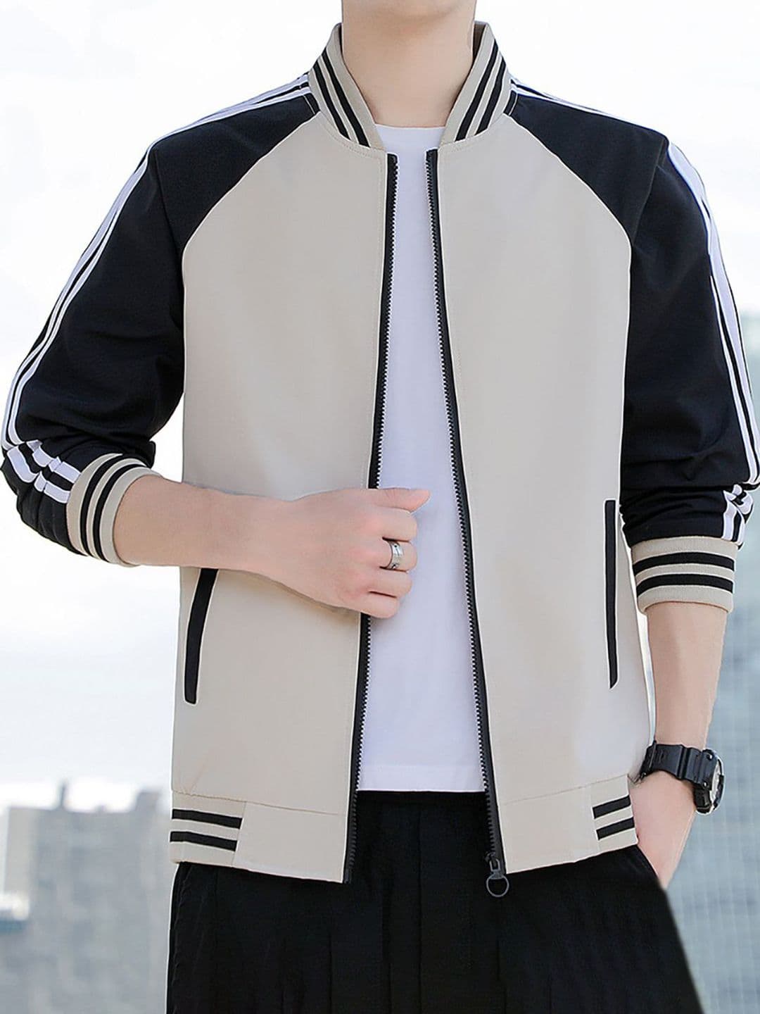 StyleCast x Revolte Men Stand Collar Colourblocked Casual Bomber Jacket - view 1