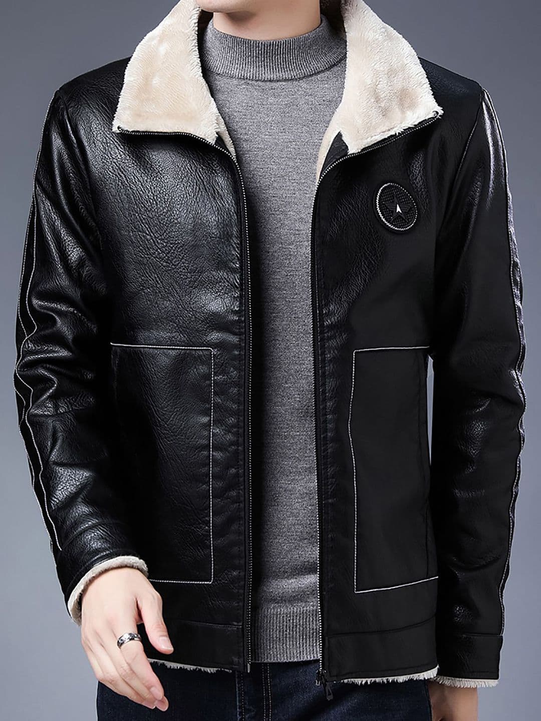 StyleCast x Revolte Men Spread Collar Solid PU Casual Windcheater Jacket - view 1