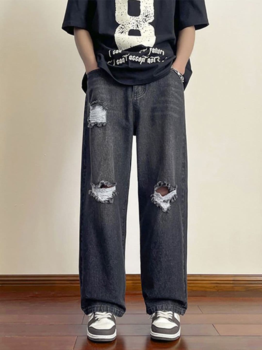StyleCast x Revolte Men Wide Leg Slash Knee Light Fade Mid-Rise Jeans - view 1