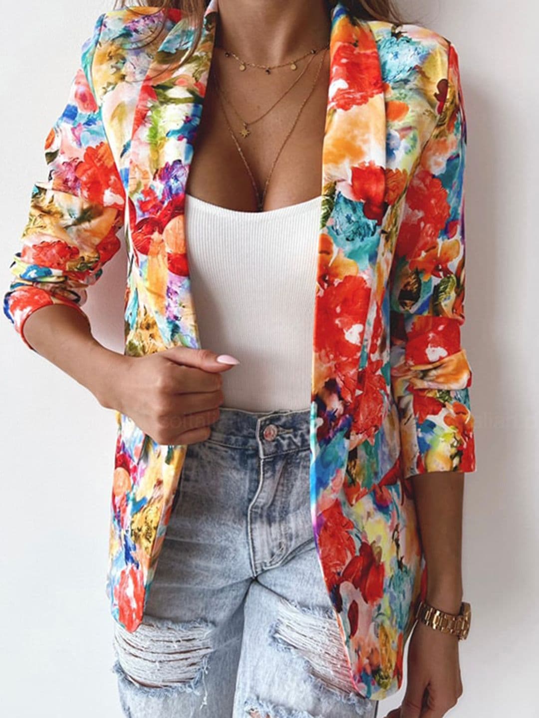 StyleCast x Revolte Orange-Coloured Floral Printed Shawl Collar Tailored Jacket - view 1
