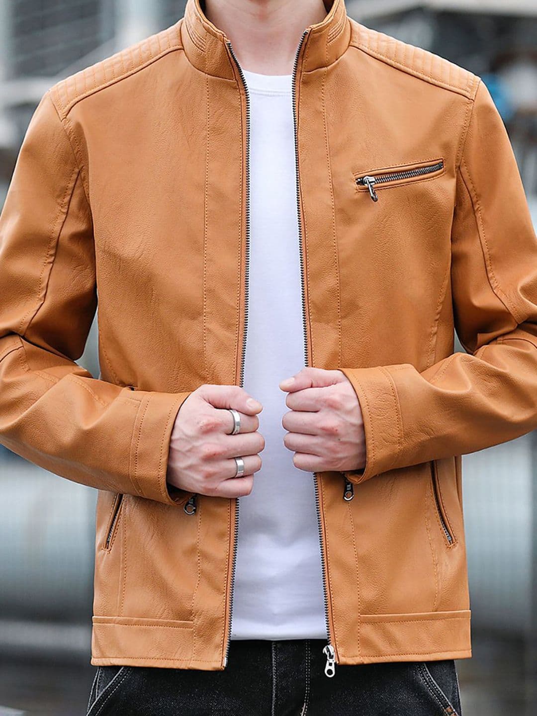 StyleCast x Revolte Men Mock Collar Solid Casual Leather Jacket - view 1