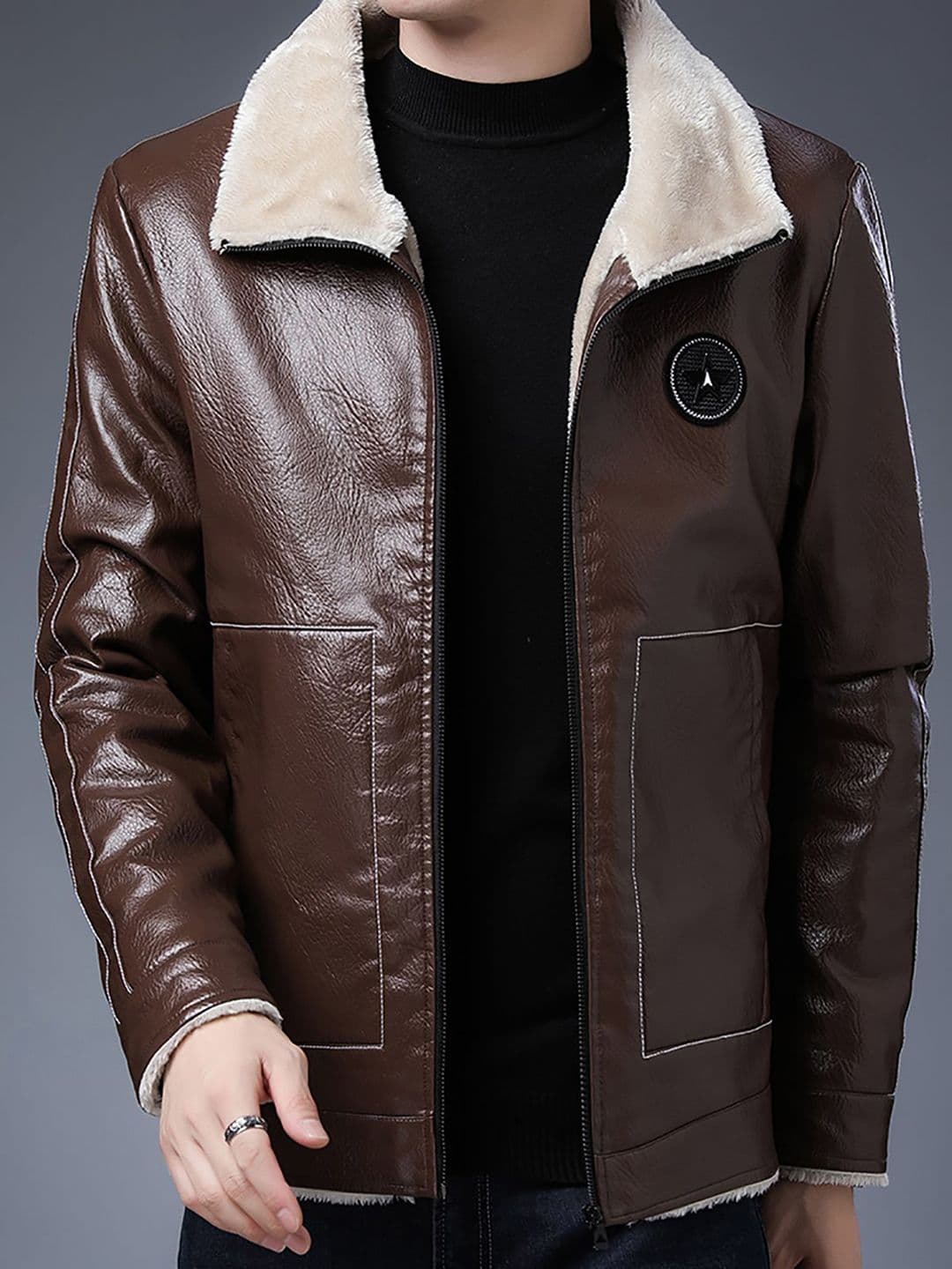 StyleCast x Revolte Men Spread Collar Solid PU Casual Windcheater Jacket - view 1