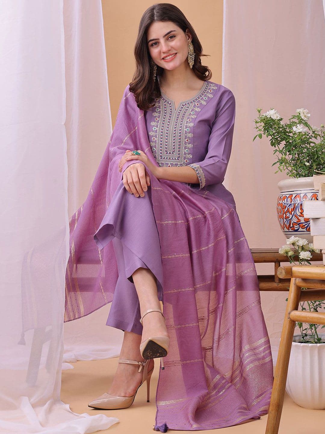 KALINI Women Floral Embroidered Kurta with Trousers & Dupatta - view 1