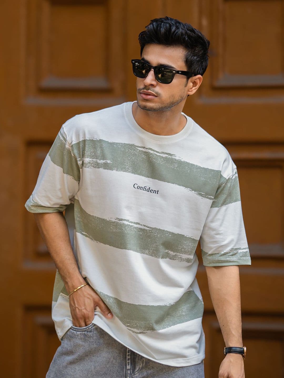 Maniac Men Striped Round Neck Cotton Oversized T-shirt - view 1
