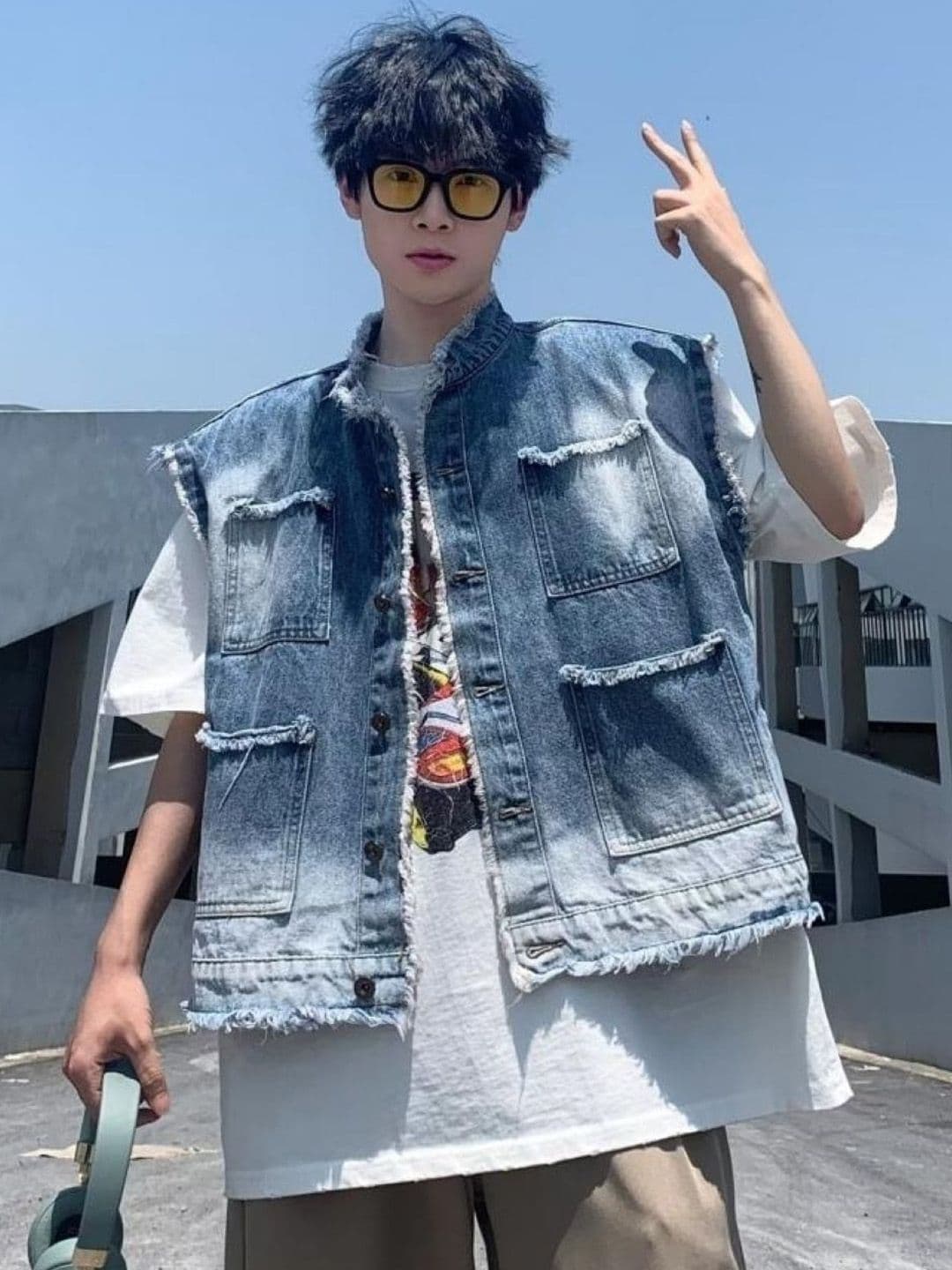 KPOP Men Stand Collar Sleeveless Cotton Denim Jacket - view 1