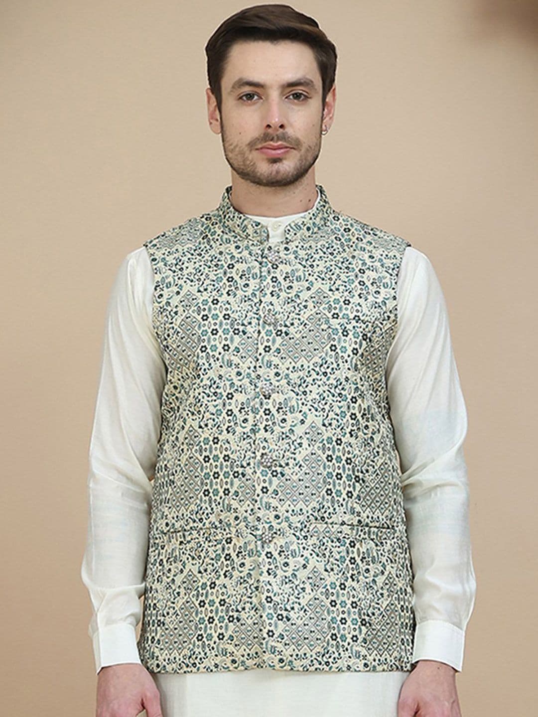 Jompers Woven Design Cotton Linen Nehru Jacket - view 1