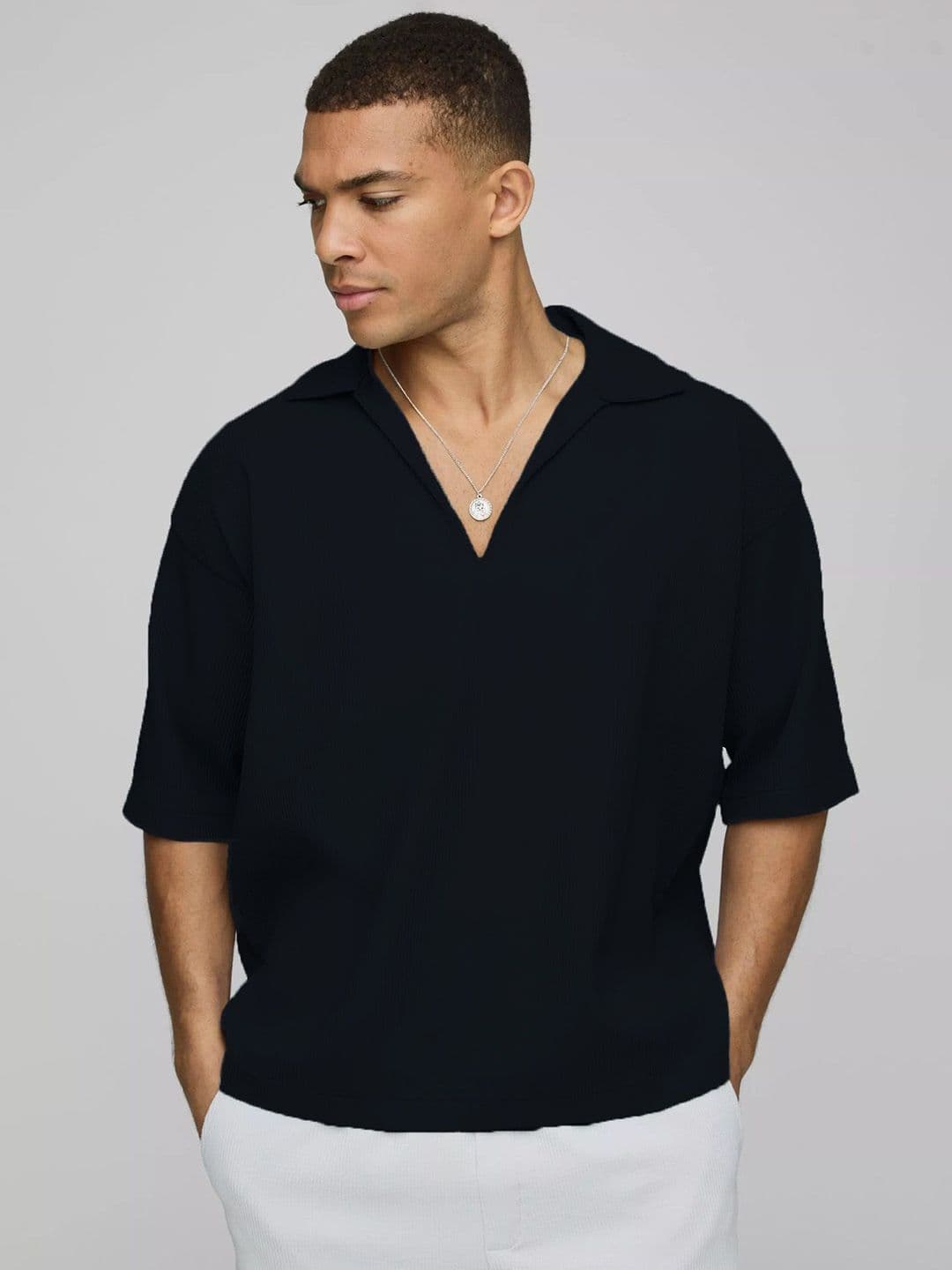 TRAQUILA HIP-HOP Ribbed Polo Collar Relaxed Fit T-shirt - view 1