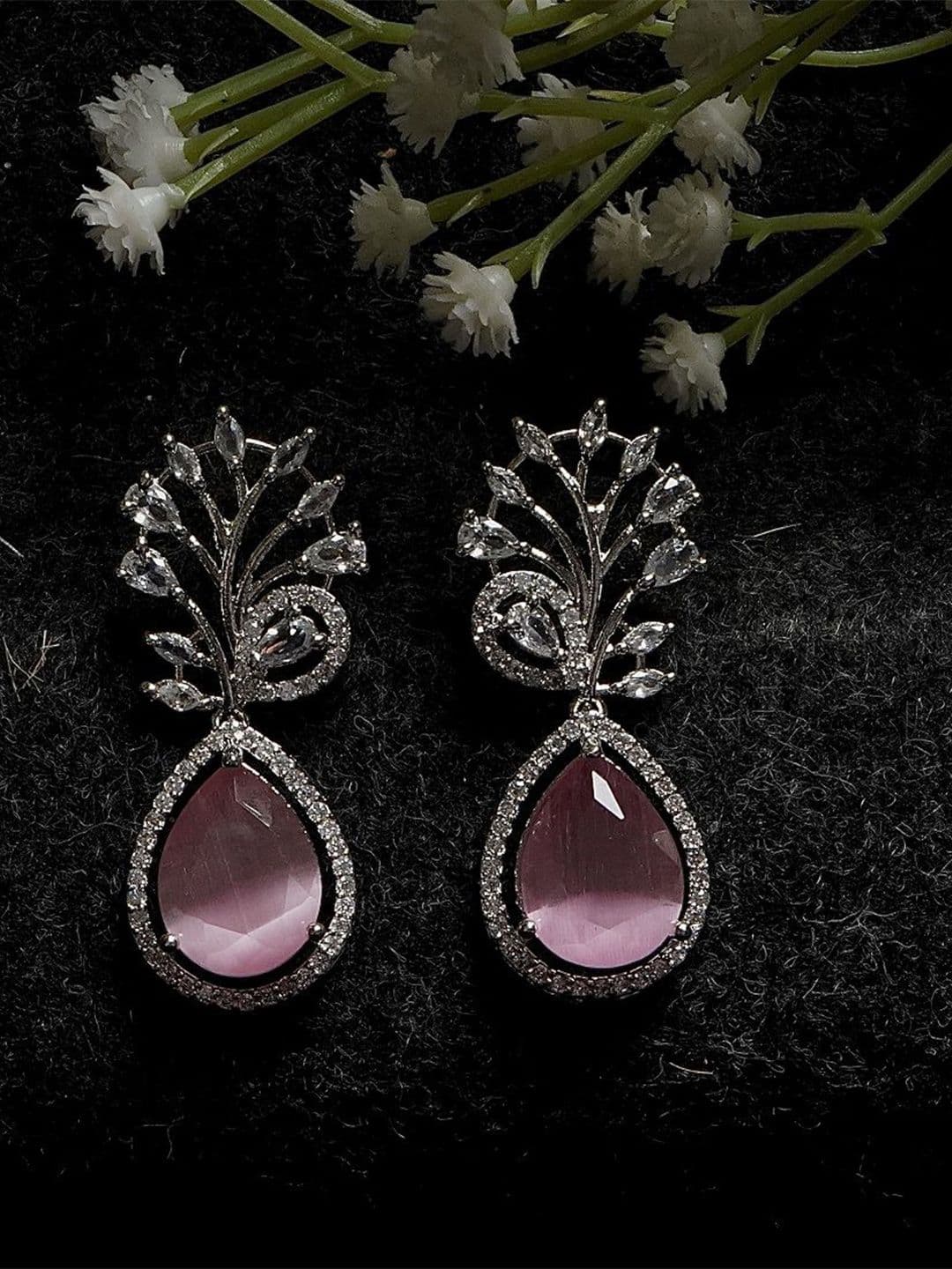 Gemron Jewel Rhodium-Plated American Diamond Studded Teardrop Shaped Drop Earrings - view 1