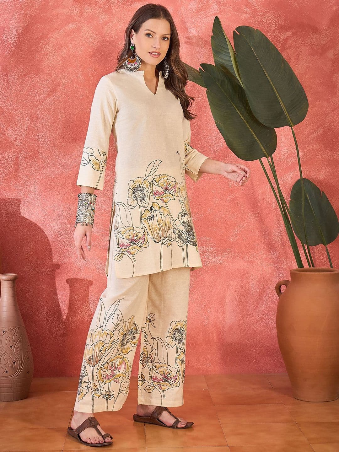 Sangria Floral Printed Pure Cotton Tunic & Palazzos Co-Ords - view 1