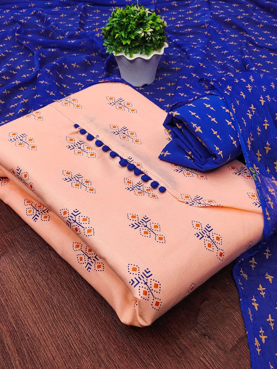 HERE&NOW Floral Printed Embellished Slub Cotton Unstitched Dress Material - view 1