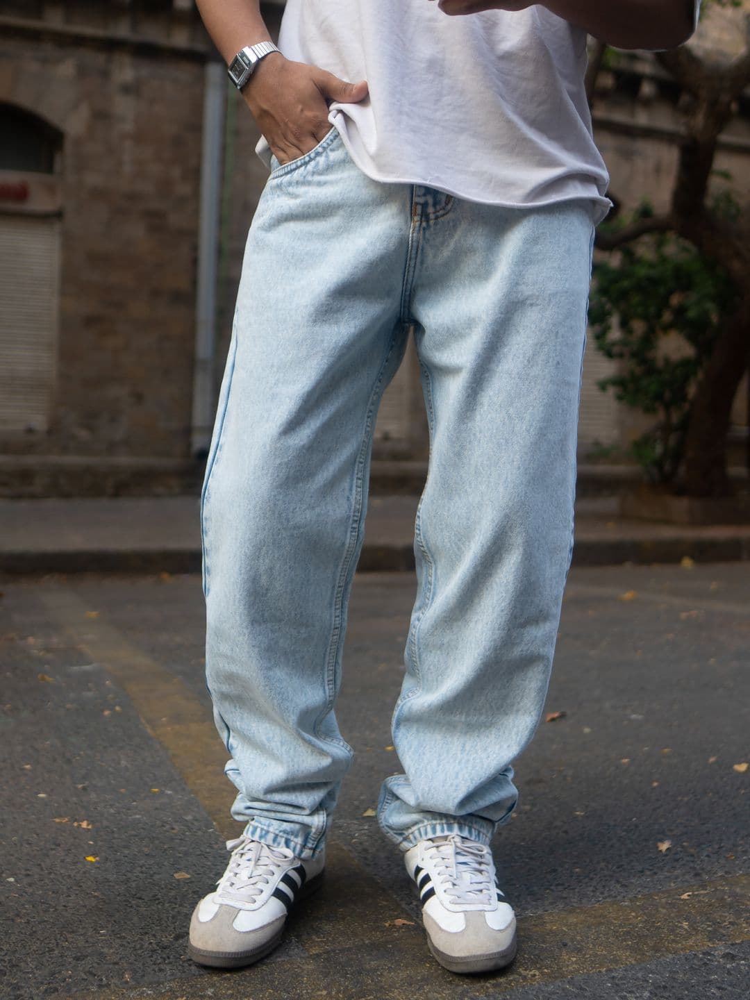 Powerlook Men Pure Cotton Ice Blue Washed Baggy Jeans - view 1