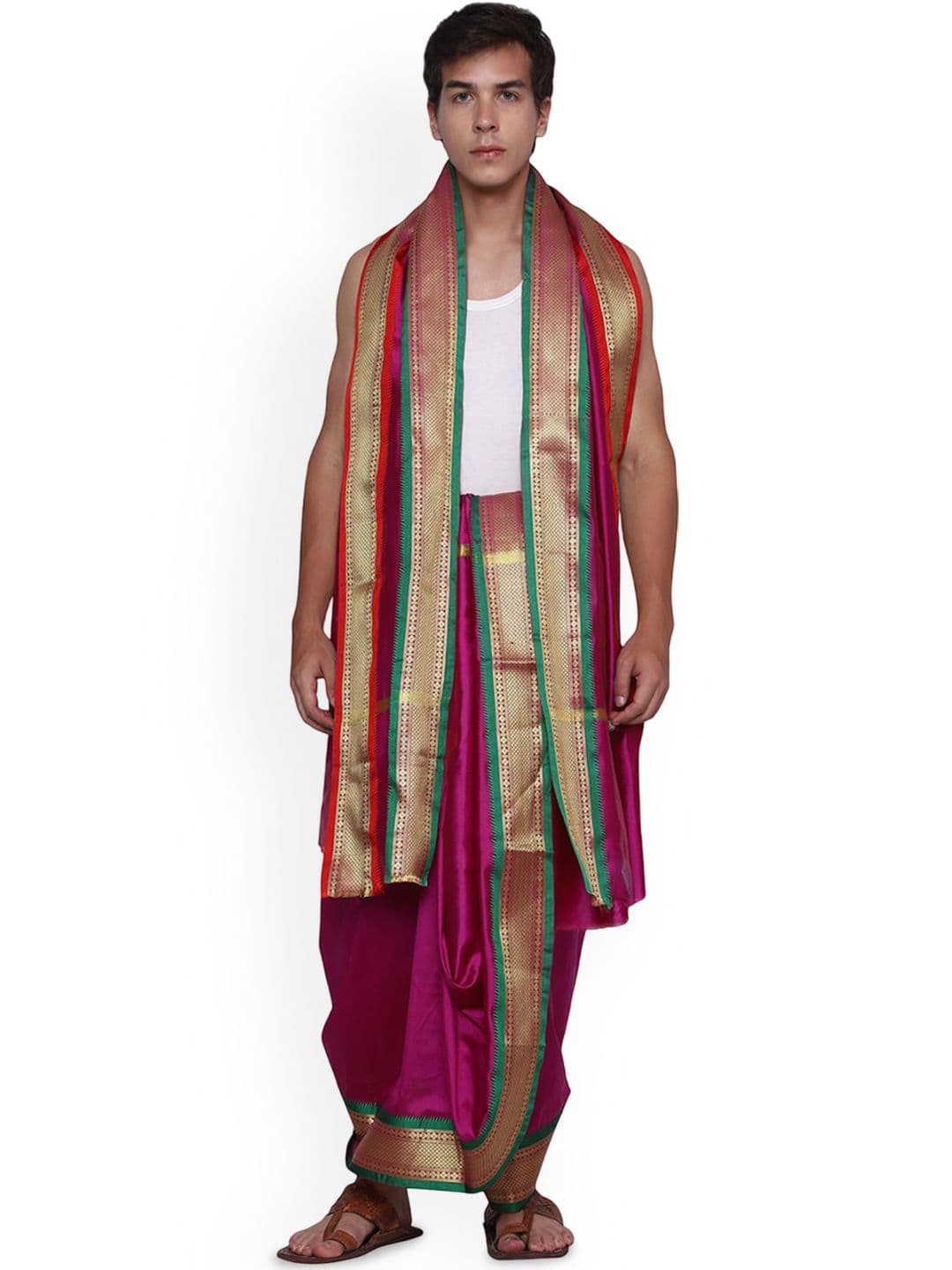 RAMESHWARAM FABRICS Men Unstitched Art Silk Dhoti and Angavastram Set with Zari Border - view 1