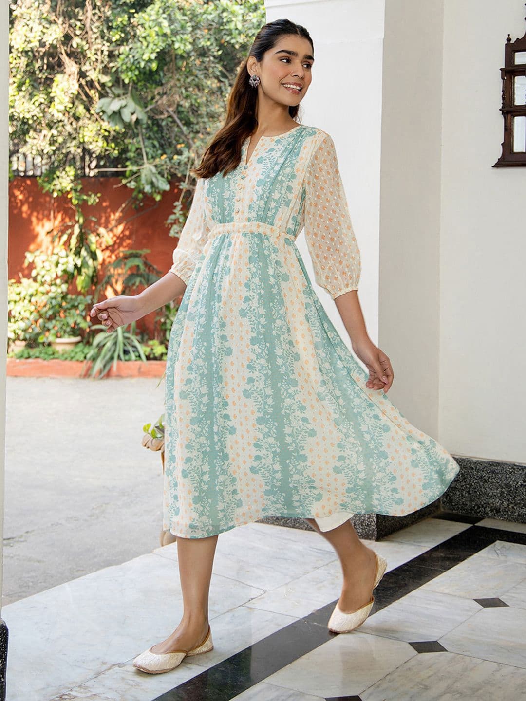 Janasya Women's Off White Dobby Georgette Floral Printed Flared Ethnic Dresses - view 1